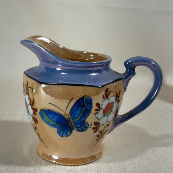 1950’s Japanese Lustreware Set, Sugar Bowl Creamer, 2 Divided Plates, 2 Tea Cups